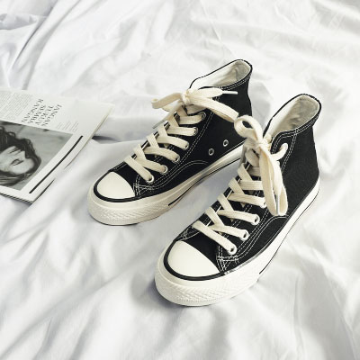 韩版原宿黑色高帮帆布鞋