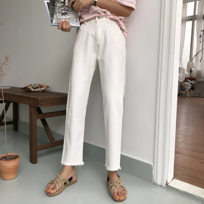 弹力白色高腰铅笔裤