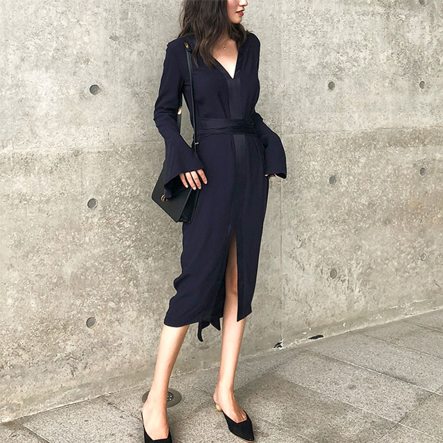 绑带睡衣风包边开叉V领长裙