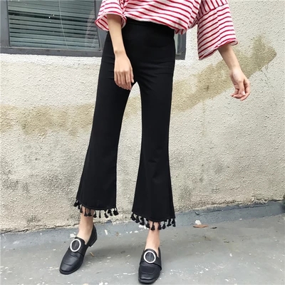 下摆流苏黑色宽松九分裤