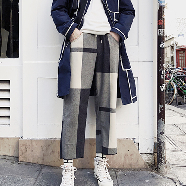 男士港风复古格子裤