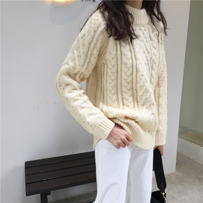 慵懒风粗毛线麻花套头毛衣
