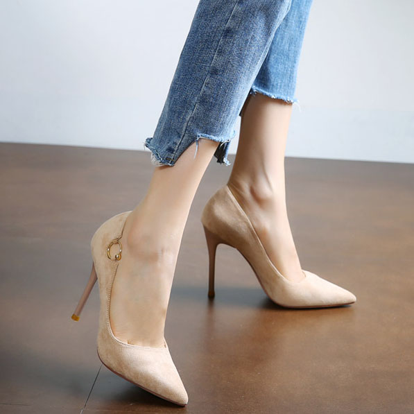 韩版百搭绒面尖头高跟鞋