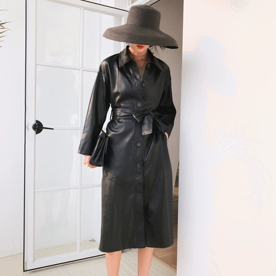 经典复古收腰墨绿色长款皮风衣