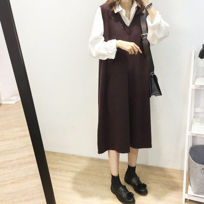 韩版宽松中长V领打底连衣裙