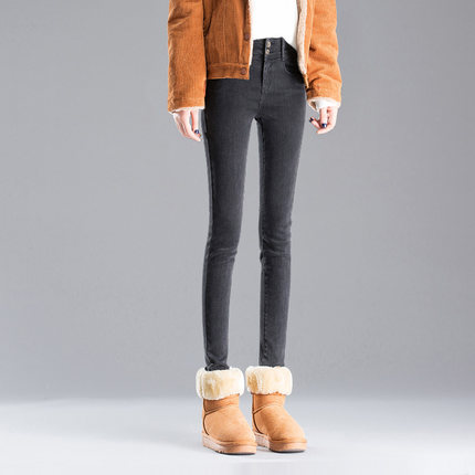 冬季高腰加绒牛仔裤