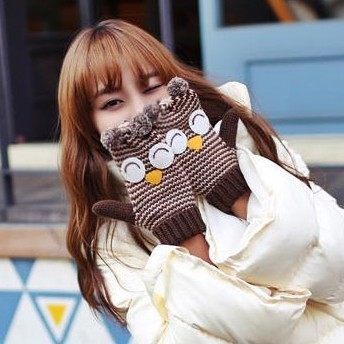 猫头鹰卡通针织毛线全指手套