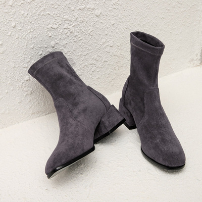 粗跟方头弹力袜靴