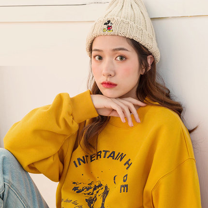 韩版无帽黄色宽松卫衣