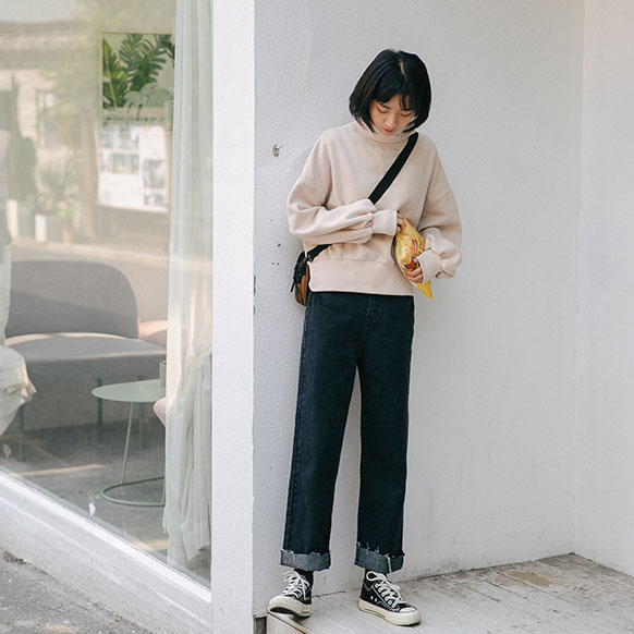 梨型自制宽松显瘦直筒牛仔裤