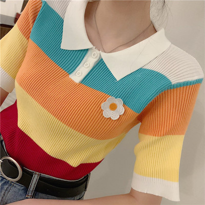 彩虹拼色条纹花朵针织上衣